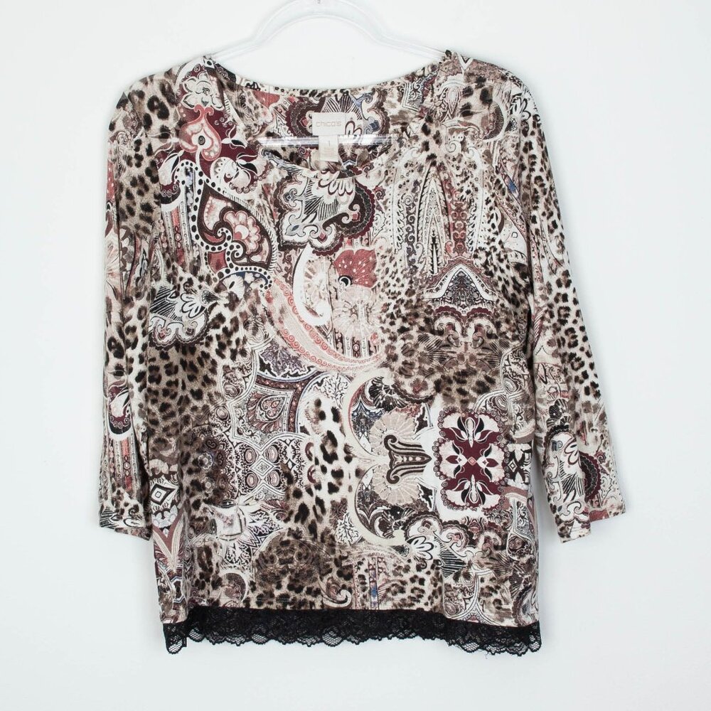 Chicos Womens Paisley Lace Trim Top Size M 1 3/4 Sleeve Fairy Office Lightweight